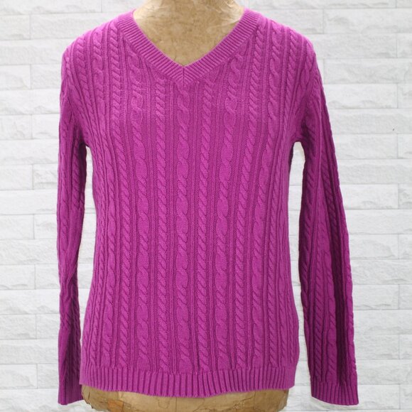 CROFT & BARROW Sweater Cable Knit Classic Cotton Crew Neck Winter Fuchsia Pink - Picture 1 of 6